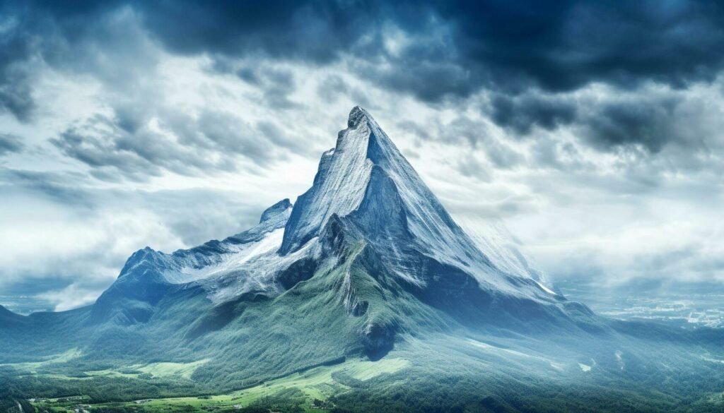 A beautiful mountain covered with snow and surrounded by clouds